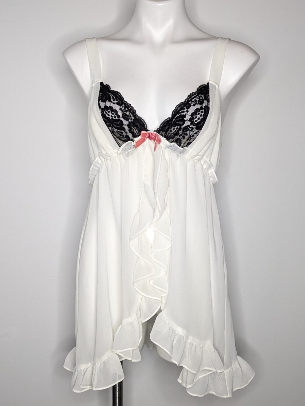 Flora Nikrooz Black White Pink Sheer Lace Babydoll Lingerie L